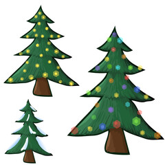 Christmas and New Year trees in several variations on a transparent background. Vector illustration an ordinary Christmas tree with snow on the branches and Christmas trees with luminous garlands of