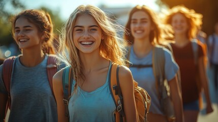 Fototapeta premium Cheerful Friends Walking to School Together in the Morning Sunshine, Sharing Laughter and Joyful Moments