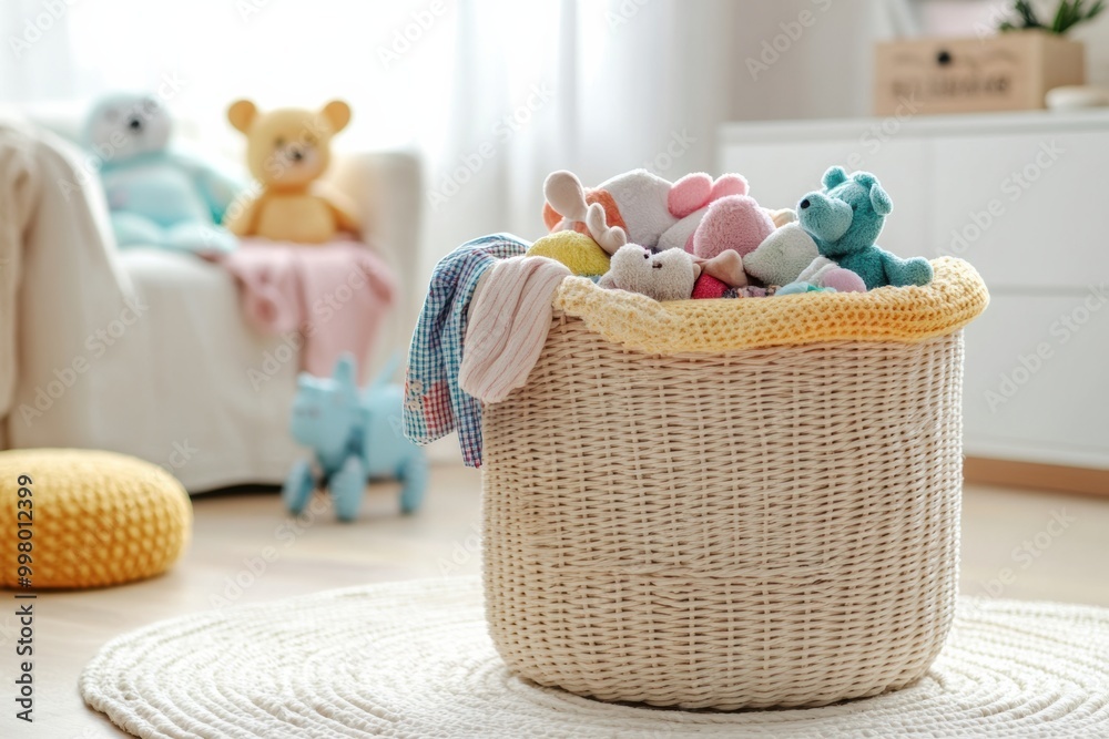 Aufkleber Children's clothes and soft toys overflow from a laundry basket in a light-filled, playful space, creating a warm atmosphere. Generative AI