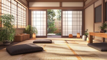 Fototapeta premium Home office with a Japanese zen theme, featuring tatami mats, sliding shoji doors, and minimalistic furniture Peaceful and simple