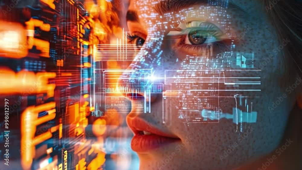 Poster the woman observes dynamic digital information displayed around her, highlighting the intersection o