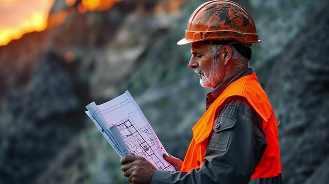 Engineer miner wearing a helmet with blueprints at the mining site