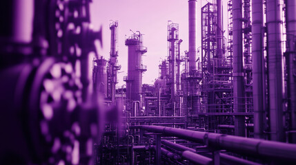 Close up of petrochemical refinery showcasing intricate structures and pipelines, highlighting complexity of industrial processes in vibrant purple hue