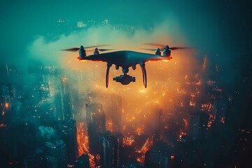 Obraz premium Drone flying in the dark above an illuminated cityscape representing nighttime urban logistics and high tech aerial delivery solutions in modern cities