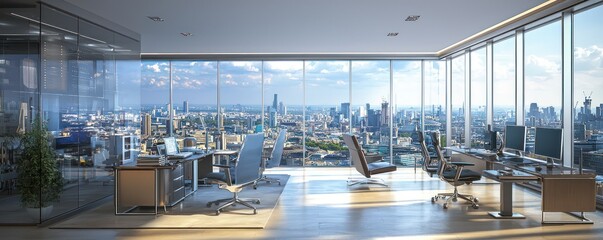 Home office with a luxury penthouse view theme, featuring floor-to-ceiling windows overlooking a bustling cityscape, sleek modern furniture, and high-tech gadgets Chic and impressive