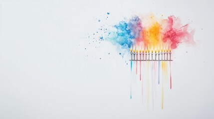 Banner with hanukkah menorah with each candle representing different Hanukkah traditions, watercolor splashes, white space for text. Rosh Hashanah, Jewish New Year holiday or Hannukah greeting card. 