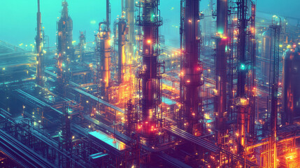 Fototapeta premium vibrant industrial scene showcasing complex petrochemical facility with illuminated towers and intricate piping. atmosphere is filled with sense of energy and innovation