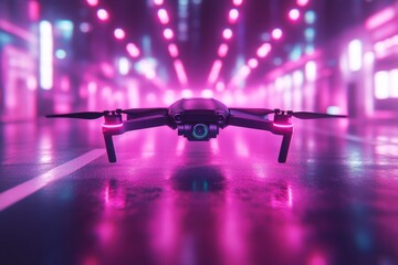 Futuristic drone with pink neon lighting hovering in a high tech city tunnel representing the future of drone technology in fast paced logistics and delivery systems
