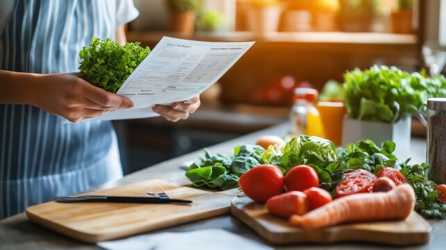 Person reviewing a DNA report while preparing a healthy salad with fresh vegetables in a sunlit kitchen