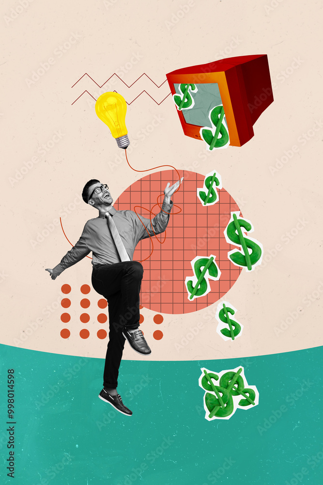 Poster vertical creative composite abstract photo collage of funny overjoyed man generate business ideas ge