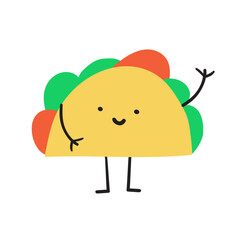 Cute taco character waving. Hand drawn flat design. Vector illustration on white background.