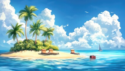 Naklejka premium Sunny Island Paradise with Palm Trees and Serene Waters