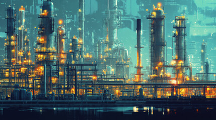 Naklejka premium vibrant industrial scene showcasing petroleum refinery with illuminated structures and towering smokestacks, reflecting energy and complexity of petrochemical production