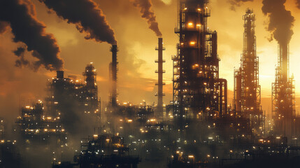 Fototapeta premium image depicts large petroleum refinery with towering structures and smoke billowing into sky, creating dramatic industrial landscape at sunset. scene evokes sense of scale and complexity in