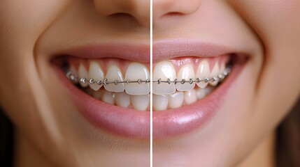 Teeth transformation from before braces, highlighting misalignment and overcrowding, to the precise placement of braces for correction