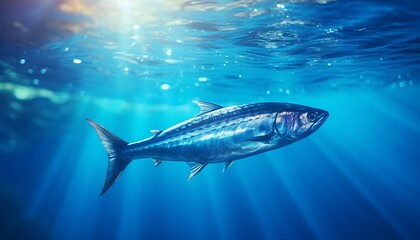 Fototapeta premium A solitary fish swims gracefully in clear ocean waters illuminated by sunlight rays