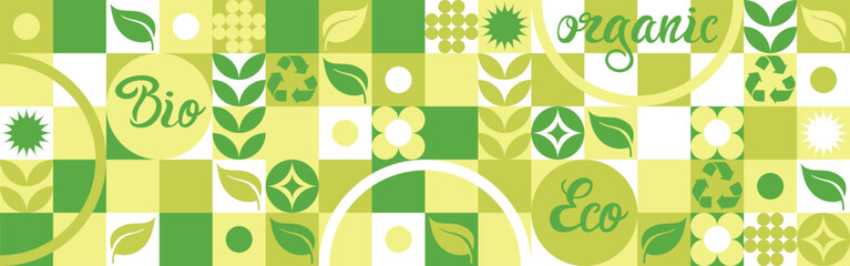 Bio template for ecological social projects, seamless pattern for eco packaging with green flowers. Natural style banner, mosaic of geometric white shapes.