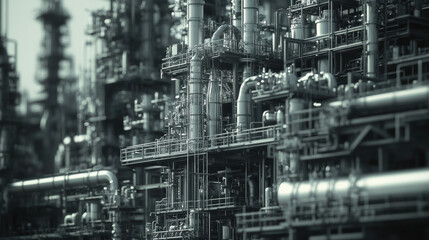 Close up of petrochemical refinery showcasing intricate pipelines and structures, highlighting complexity and scale of industrial processes. image evokes sense of industrial power and engineering