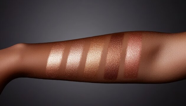 An arm showcasing metallic eyeshadow swatches in bronze, gold, and deep copper tones, with a reflective, foiled finish.