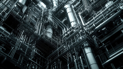 Fototapeta premium Close up of complex network of metallic pipes and structures, showcasing intricate industrial design and engineering. image evokes sense of depth and complexity in petrochemical environment