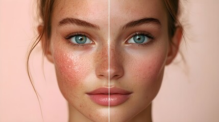 Visual comparison of acne-prone skin before and after treatment, glowing skin in 'after' section, infographic style, pastel colors, smooth textures, and healing highlights