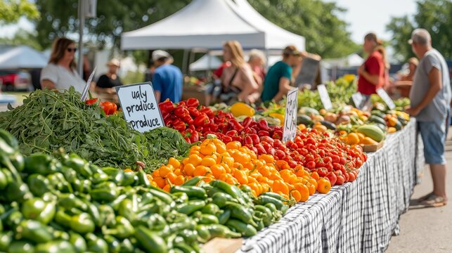 A vibrant farmers market featuring an ugly produce section with diverse shoppers selecting discounted fruits and vegetables