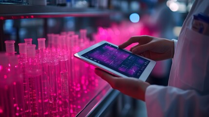 Researchers using digital tablets to analyze samples in a lab with glowing test tubes at night