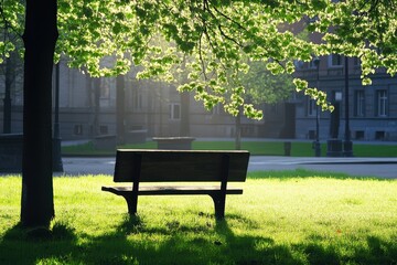 Serene park bench under sunlight with lush greenery around, inviting relaxation.