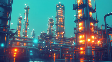 vibrant industrial petrochemical facility with towering structures illuminated by bright orange lights against moody blue backdrop, showcasing advanced processing technology