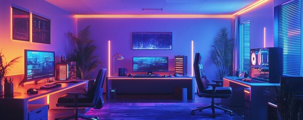 Home office with a minimalist cyber tech theme, featuring streamlined furniture, neon accents, and advanced computer setups Modern and futuristic