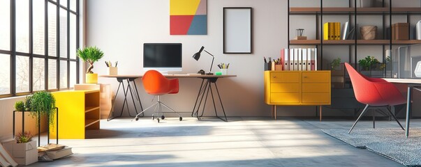 Home office with a minimalist Bauhaus theme, featuring geometric furniture, primary color accents, and functional design elements Artistic and streamlined