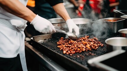 Chef grilling marinated meat on a hot grill, surrounded by steam and cooking utensils.