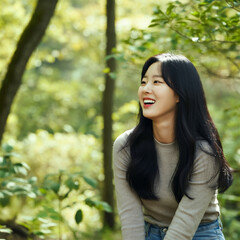 숲에서 힐링을 하고 있는 젋은 여성