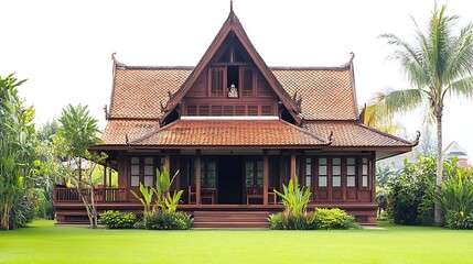Fototapeta premium Traditional Thai Wooden House with a Lush Garden