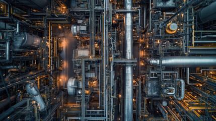 Aerial view of complex industrial facility showcasing intricate piping and machinery, illuminated by warm lights, creating dynamic and energetic atmosphere