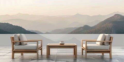Minimalist wooden furniture set with subtle panoramic mountain views and a spring sunrise.