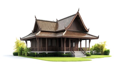 Traditional Thai Wooden House with a Lush Garden