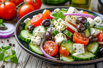 Fresh Greek Salad with Feta Cheese, Olives, and Tomatoes, Healthy Mediterranean Dish, Traditional Greek Cuisine, Colorful Vegetable Salad, Nutritious and Delicious Meal, Appetizing Food Photography


