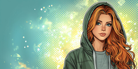 Beautiful redhead girl wearing a hoodie posing with halftone background