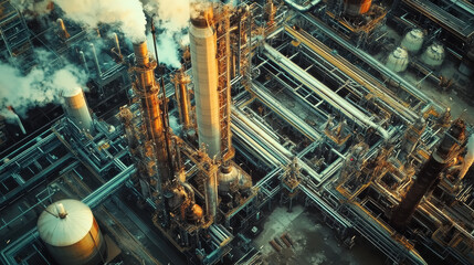 Fototapeta premium Aerial view of petrochemical production plant showcasing refining equipment and complex piping systems. industrial landscape is filled with towering structures and steam emissions, highlighting scale
