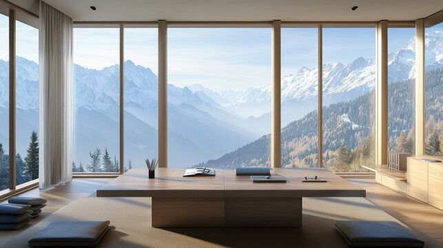 Home office with a minimalist mountain retreat theme, featuring large windows with panoramic views of the mountains, a simple wood desk, and calming neutral tones Serene and inspiring