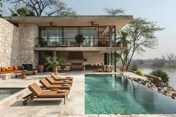 Fototapeta premium Luxury Modern Home with Outdoor Pool and Patio Overlooking Scenic Landscape - Ideal for Real Estate and Travel Marketing