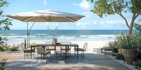 3D rendering of a chic outdoor dining set with a wooden table, metal chairs, and an umbrella, set on a deck overlooking the beach and ocean waves.