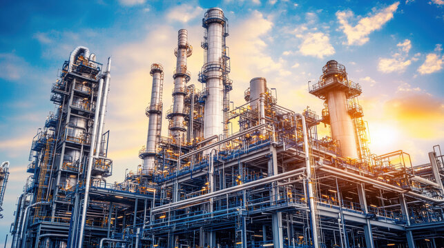 petrochemical production plant with refining equipment stands tall against vibrant sunset, showcasing its intricate network of pipes and structures. scene captures essence of industrial innovation