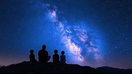 Silhouettes of people gazing at the starry night sky with the Milky Way visible.