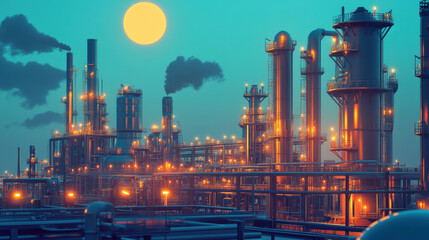Obraz premium vibrant petroleum refinery scene illuminated by glowing lights under full moon, showcasing towering structures and intricate pipelines. atmosphere is both industrial and captivating