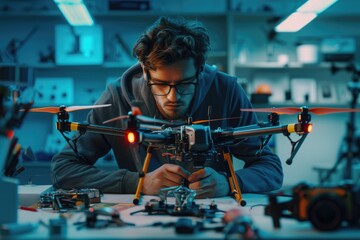 Low angle view of engineer making drone at table in office
