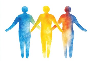 Obraz premium Three human figures holding hands painted in watercolor shades of blue yellow and red symbolizing unity support and connection in an abstract artistic design