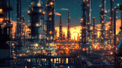 Fototapeta premium vibrant petroleum refinery at sunset, showcasing towering structures and intricate piping illuminated by glowing lights. scene captures industrial beauty and complexity of petrochemical production