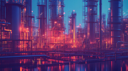 vibrant petroleum refinery at dusk, showcasing towering structures illuminated by colorful lights reflecting on water. scene captures industrial beauty and complexity of petrochemical production